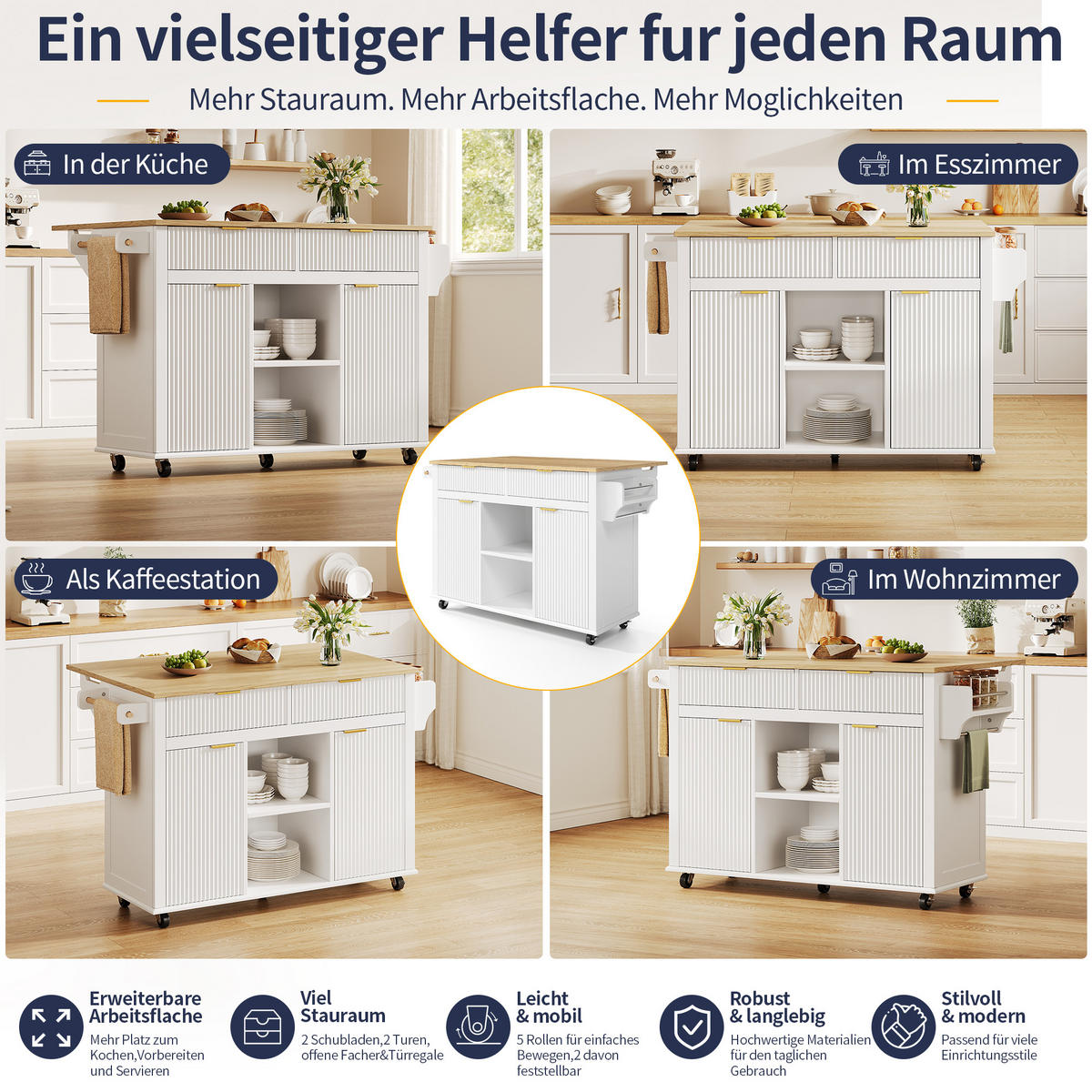 KÜCHENINSEL auf Rollen 143/45/89.5 cm Weiß mit klappbarer Arbeitsplatte, 2 Schubladen und Stauraum - Weiß, Holz/Holzwerkstoff (45/89.5/143cm) - Oxeza