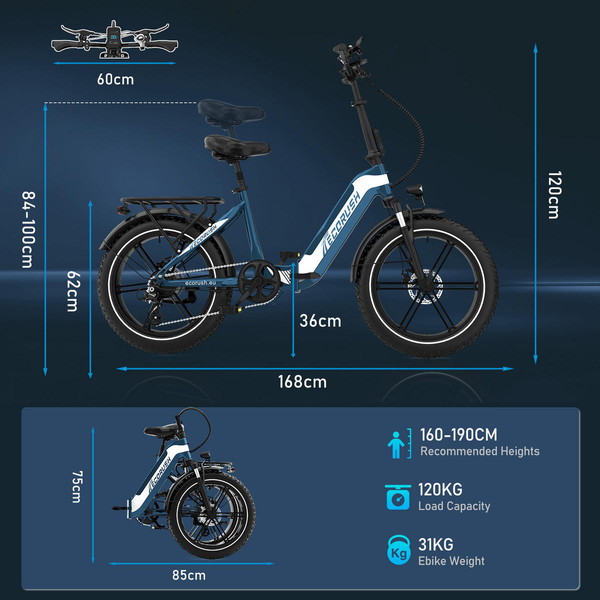 E-BIKE Klapprad R2 20×4.0", 499,2 Wh, 7-Gang, Aluminiumrahmen - Blau, Metall (30cm) - ECORUSH