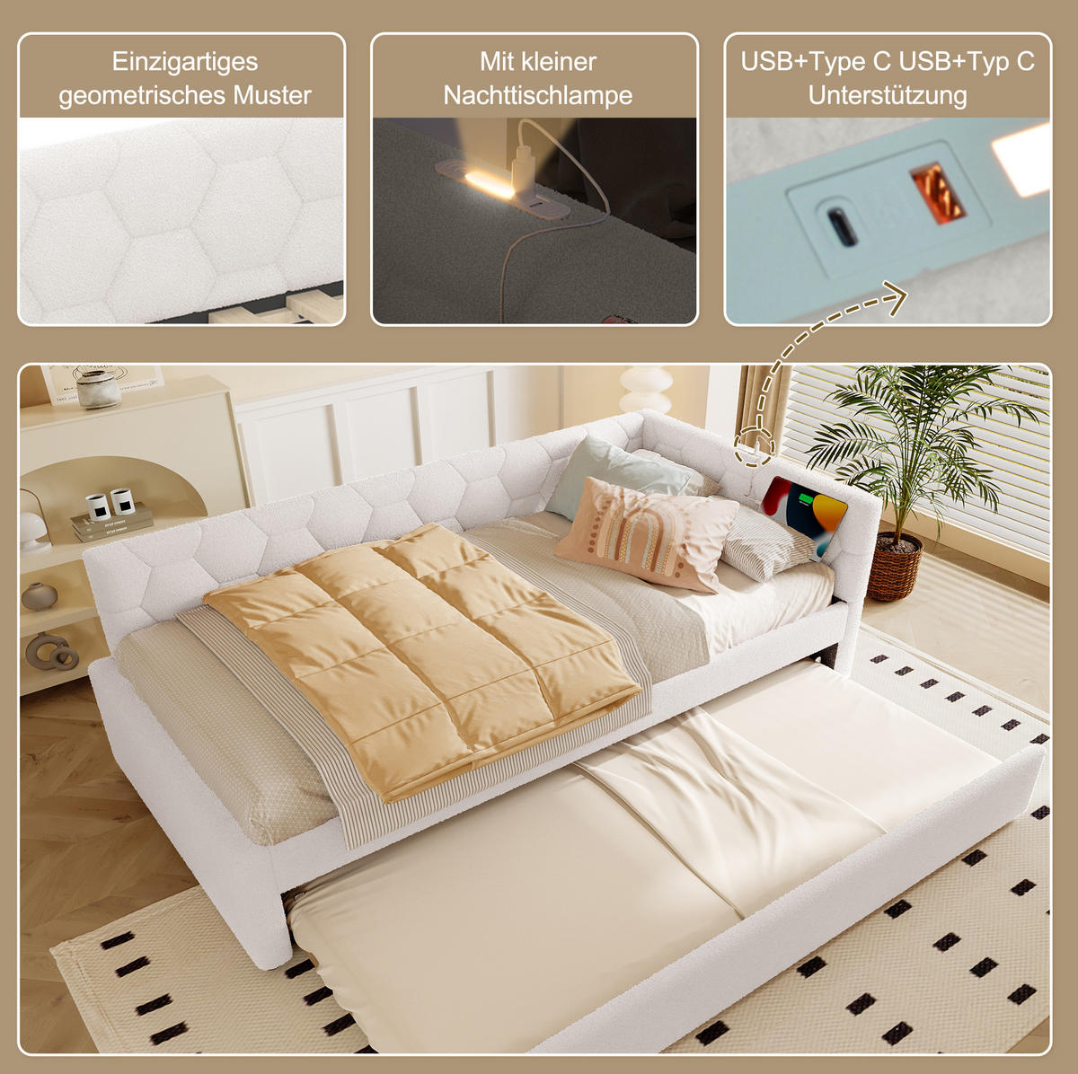 POSTEL 90/200 cm bílá z MDF a bouclé s výsuvným lůžkem USB a Type-C - bílá, textil (90/200cm) - OKWISH