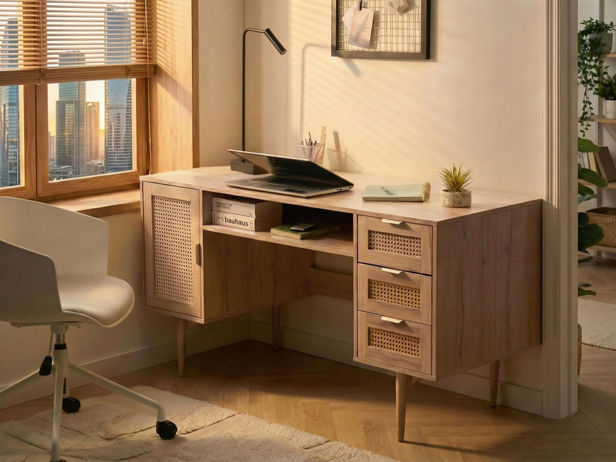 SCHREIBTISCH 140/60 cm Hellbraun Raffra - Hellbraun/Braun, Holzwerkstoff/Metall (60/140/75cm) - Beliani