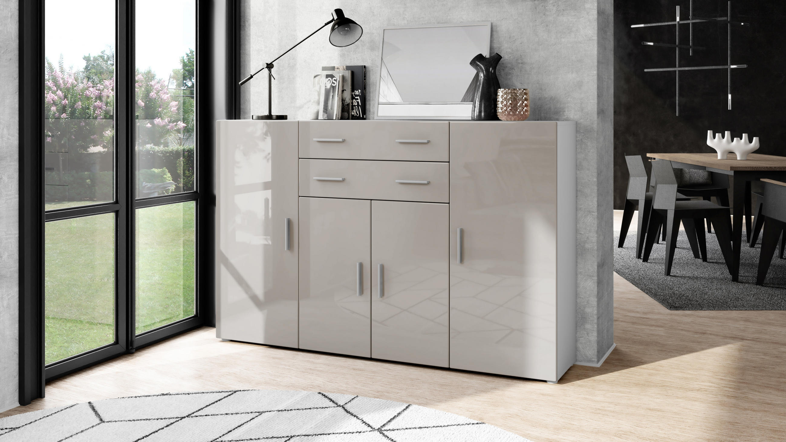 HIGHBOARD Aron Fronten in Sandgrau Hochglanz - Sandfarben, Holzwerkstoff (166.5/106.5/35cm) - Vladon