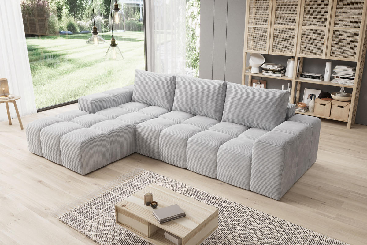 ECKSOFA Cento, L-Form, Ottomane Links, Cordstoff, 285x56x180 cm, Grau - Grau, Holz (180/285cm) - PROMETO Möbel