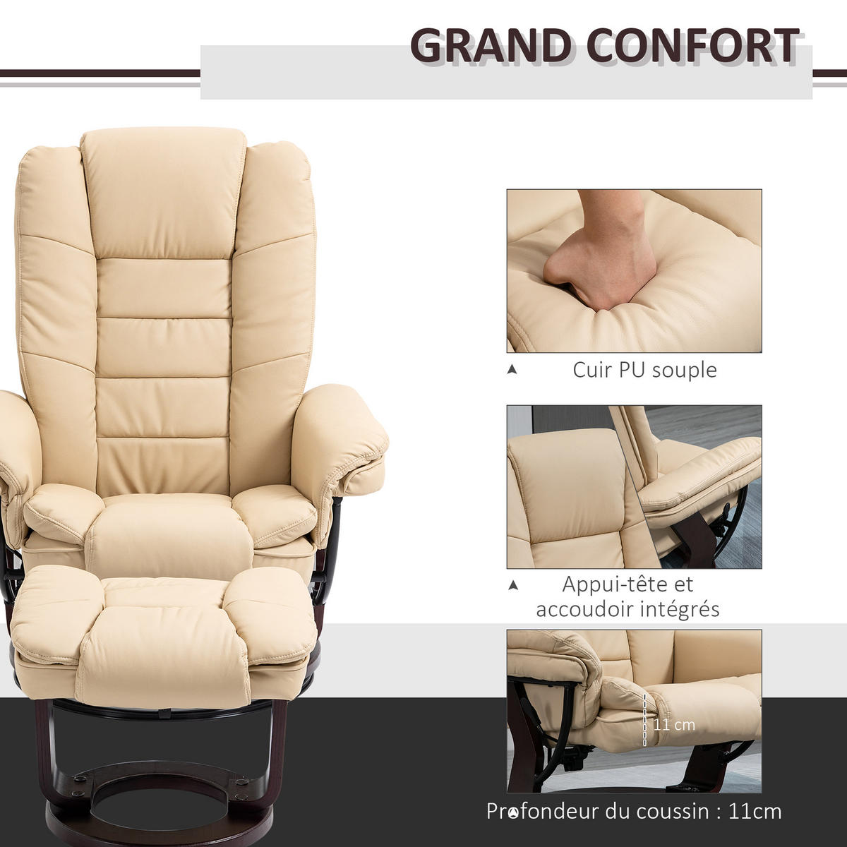 RELAXSESSEL DE-17417 135° neigbar, 360° drehbar mit Fußstütze Beige - Beige, Holz (82/106/85cm) - ComfortXL