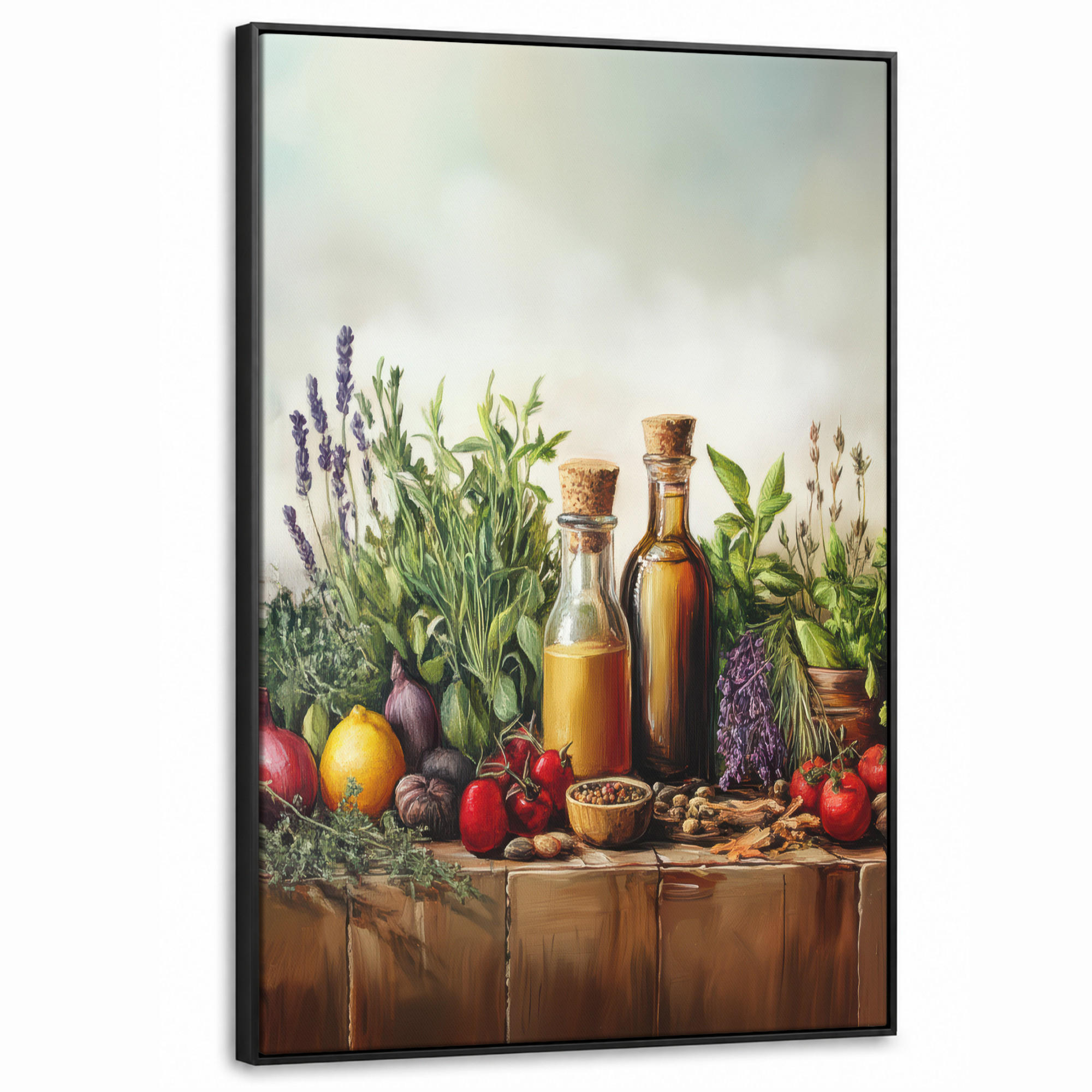 LEINWAND Bilder mit Rahmen - Stilleben - Kräuter - Gewürze - Früchte - Farbenfroh - 100x150 - Grün, Textil (100/150cm) - MuchoWow