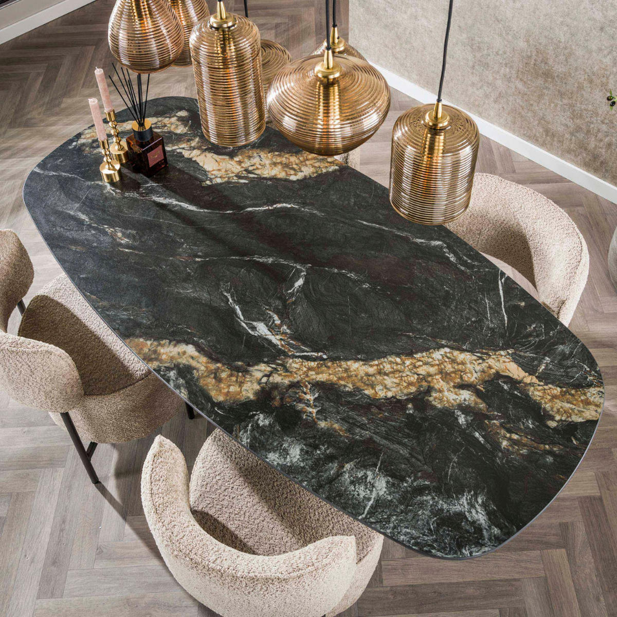 ESSTISCH FOSSILE RAGNO Dänisch-Ovaler Keramiktisch 180cm - Schwarz, Keramik (180/90/76cm) - alesvelt