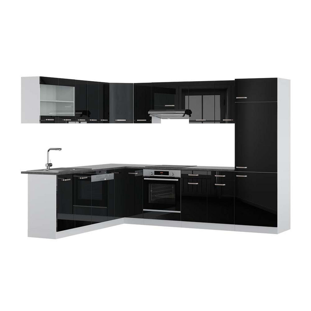 ECKKÜCHE R-Line Schwarz Hochglanz/Weiß 227 x 287 cm, AP Anthrazit - Schwarz Hochglanz/Schwarz, Holzwerkstoff (287/81.6/60cm) - Vicco