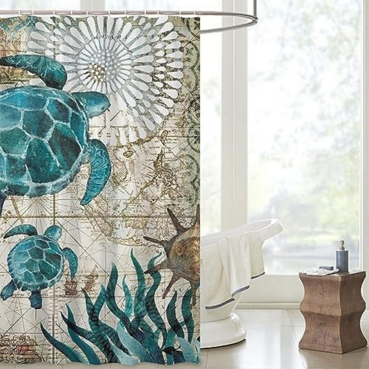 DUSCHVORHANG Marineblau Meer Schildkröte schön bedruckt Stoff wasserdicht mit Haken Badezimmer - Blau, Textil (200/180cm) - MCBOSON