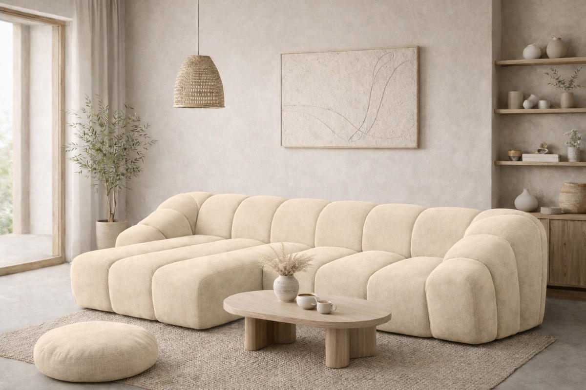 ECKSOFA Modulare L-Form, Veloursstoff Bluvel, Creme, Links, CROISSANT L - Creme, Holz (305/190cm) - Kaiser Möbel