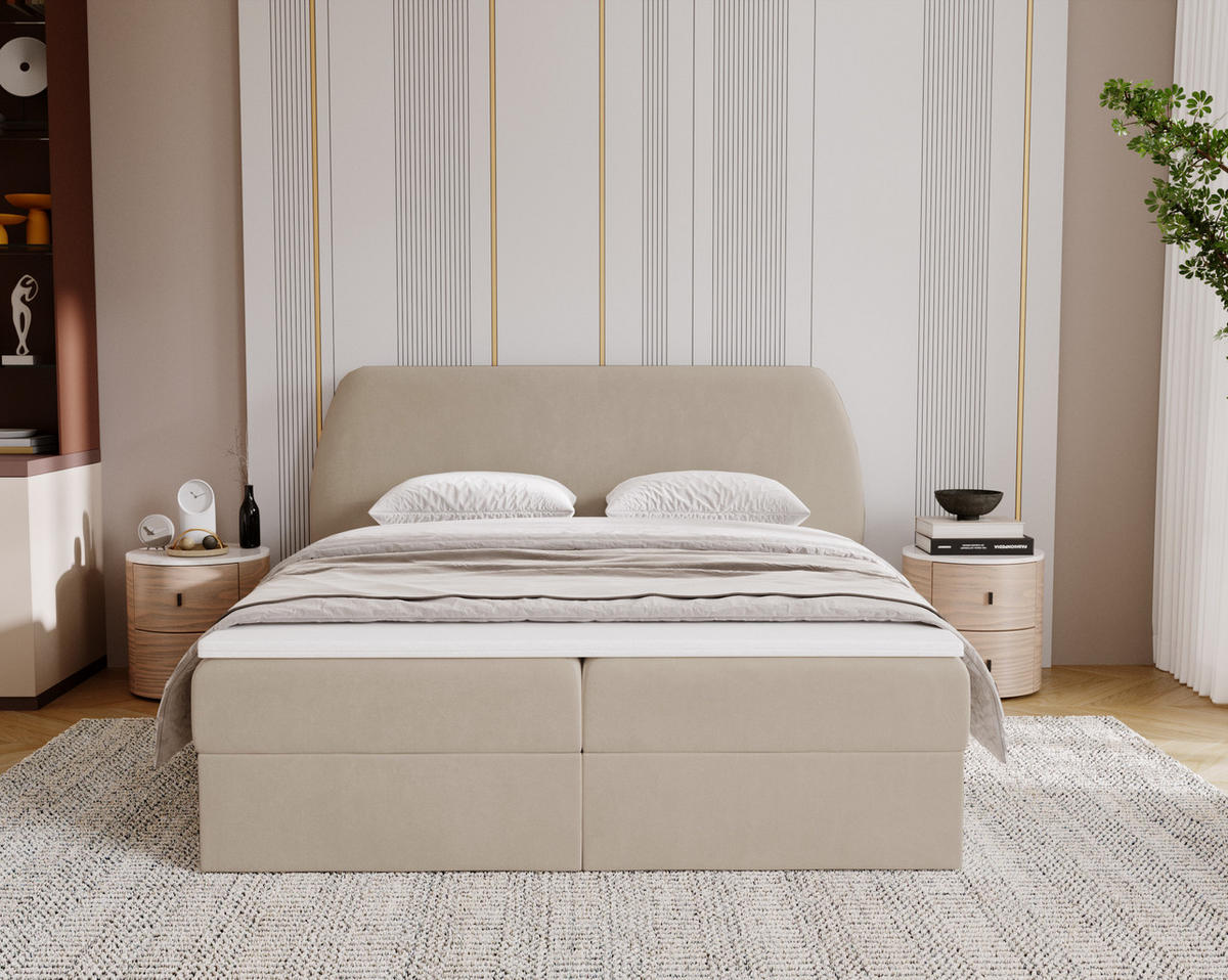 BOXBETT Bloom mit abgerundetem Kopfteil, Stoff Komodo Dunkelbeige 180x200 cm - Cappuccino, Holz (180/200cm) - Kaiser Möbel