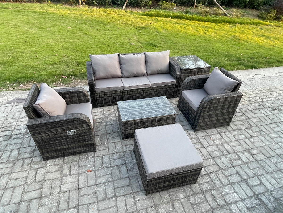 GARTENMÖBELSET mit Couchtisch Polyrattan 6-Sitzer - Dunkelgrau/Grau, Glas/Kunststoff - Fimous