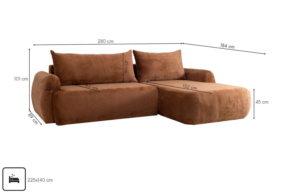 ECKSOFA Mit Schlaffunktion Und Bettkasten, Chenille-Stoff Perfecto, Kupfer, Rechts, HELA II - Kupferfarben, Holz (280/184cm) - Kaiser Möbel