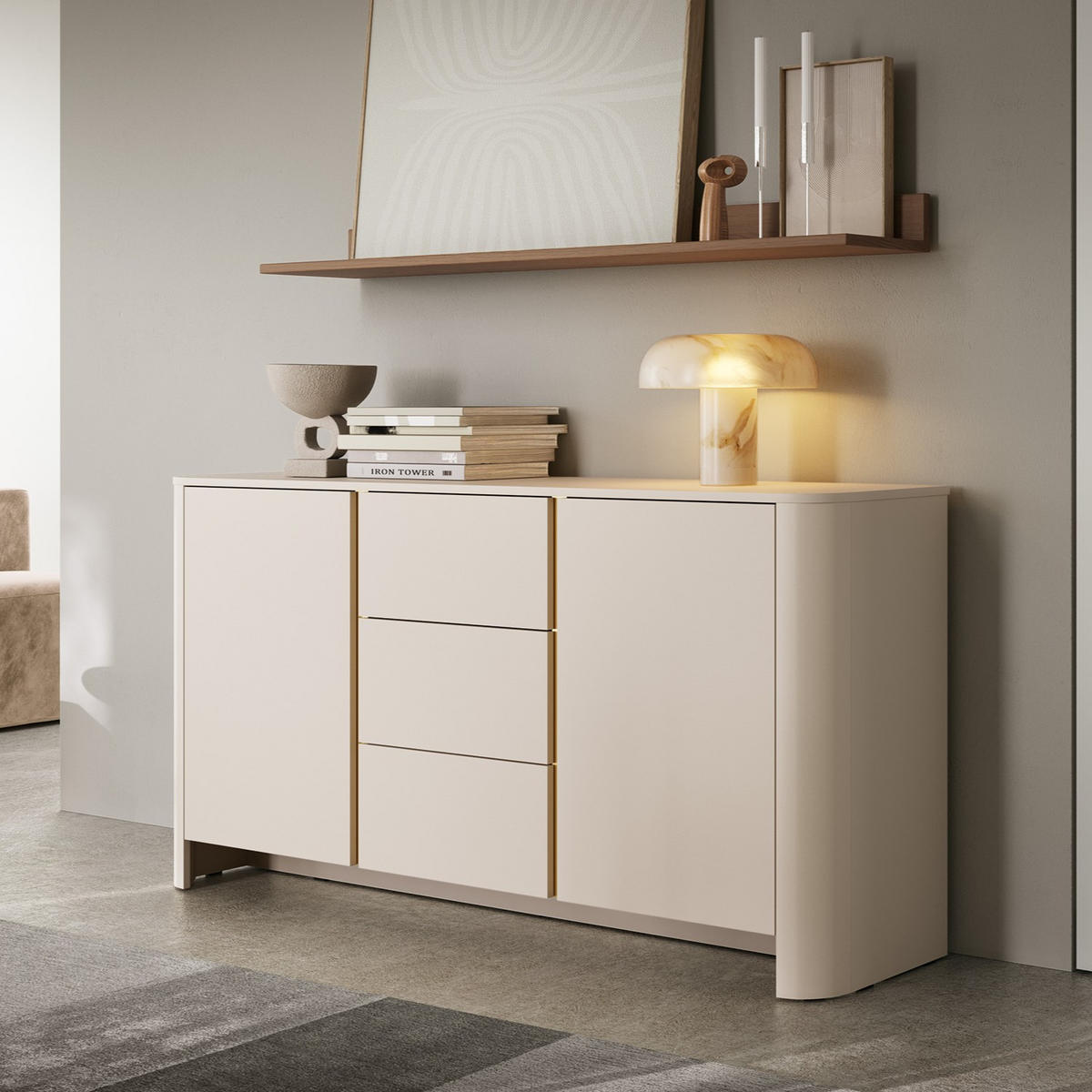 ABGERUNDETE Kommode AURA K2D3SZ (Kaschmir Matt, Gold, Schubladen, Push to Open) - Kaschmir, Holz/Holzwerkstoff (168/84/39cm) - Ravio