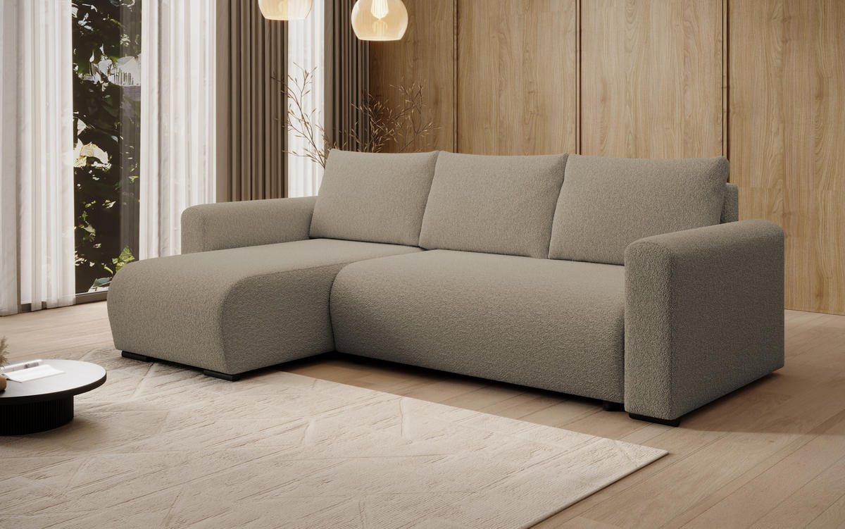 ECKSOFA DORA L, Eckcouch in L-Form mit Schlaffunktion und Bettkasten, Farbe: Hellbraun, Bouclé-Stoff, Ottomane Links - Hellbraun, Textil (240/143cm) - Storez24