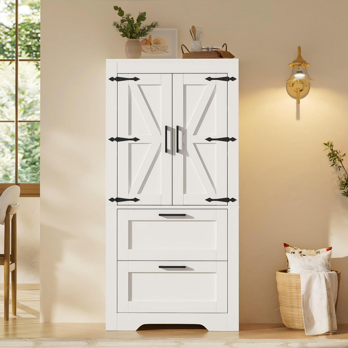 HIGHBOARD DE-38698 60/30/128 cm 2 Schubladen und Scheunentür Weiß - Weiß, Holzwerkstoff (60/128/30cm) - ComfortXL