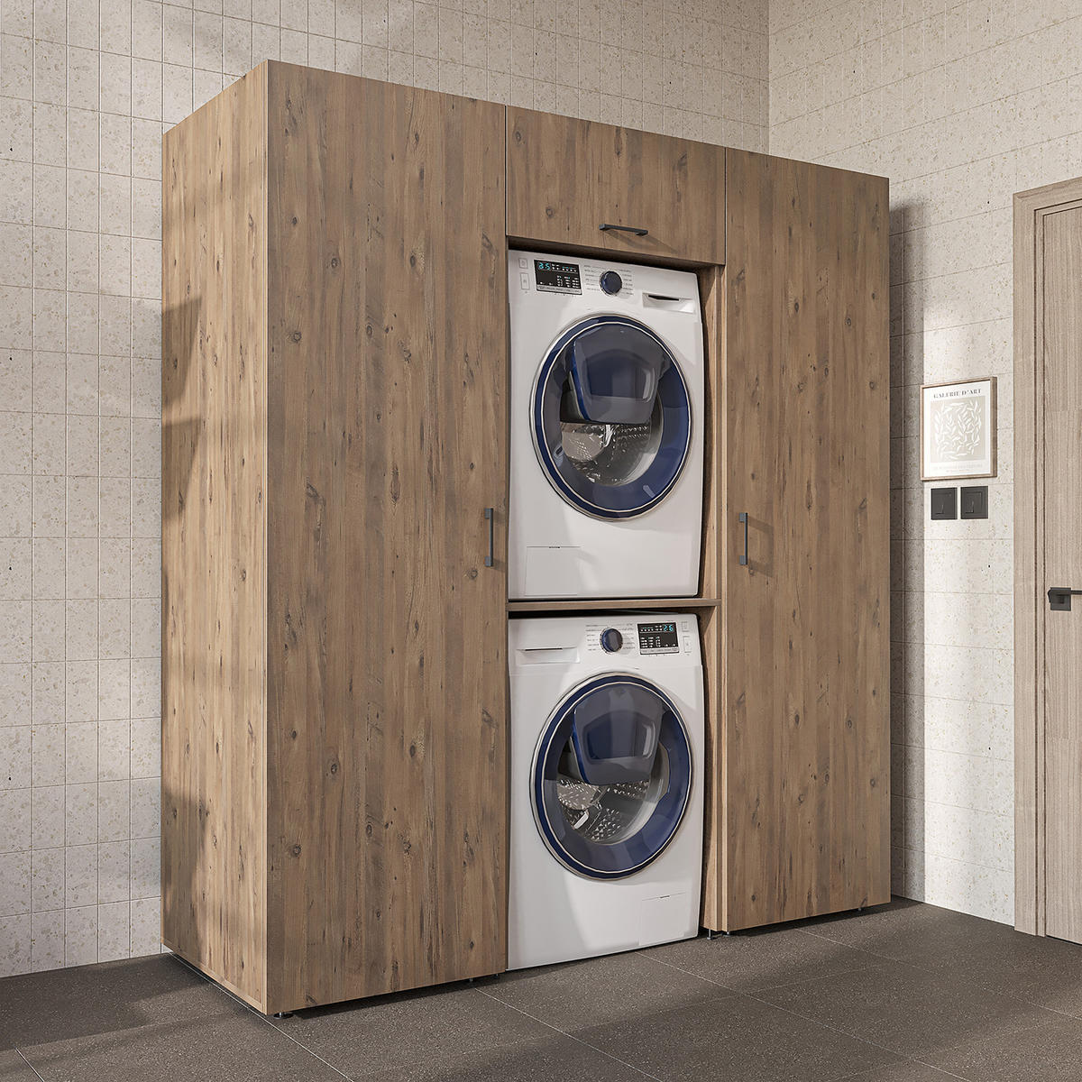 WASCHMASCHINENSCHRANK DUO-II 187cm Breit, 205cm Hoch - Eichefarben, Holzwerkstoff (187/205/67cm)