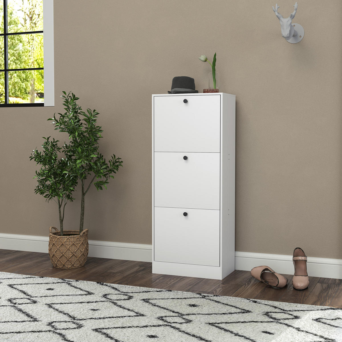 SCHUHSCHRANK mit 3 Klappen, 47 x 28 x 115 cm, Weiß - Weiß, Holzwerkstoff (47/115/28cm) - HOMCOM