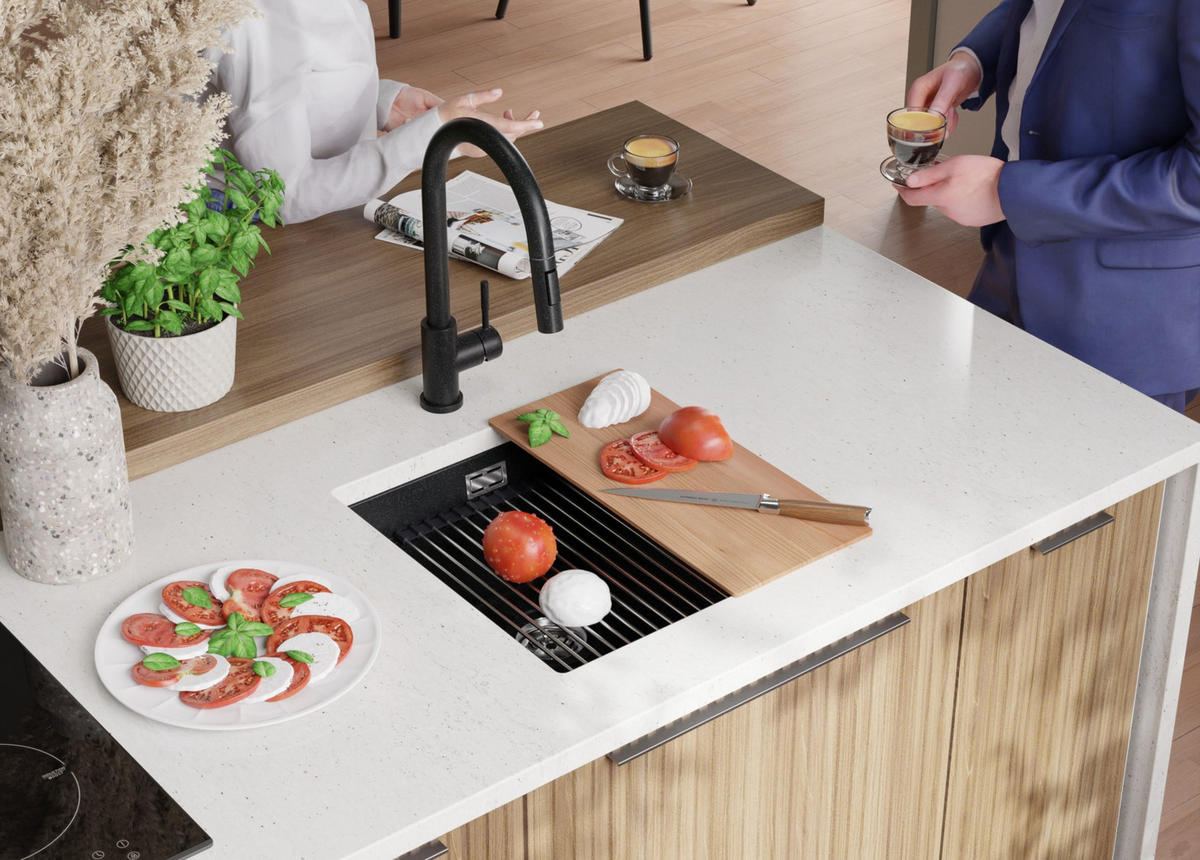 UNTERBAUSPÜLE GRANIT Praga, 2-er set Anthrazit 46/47 cm 1 Becken + Ablauf-Set + Aufrollbare Abtropffläche ab 50er Unterschrank - Chromfarben/Anthrazit, Kunststoff (46/20/47cm) - Primagran