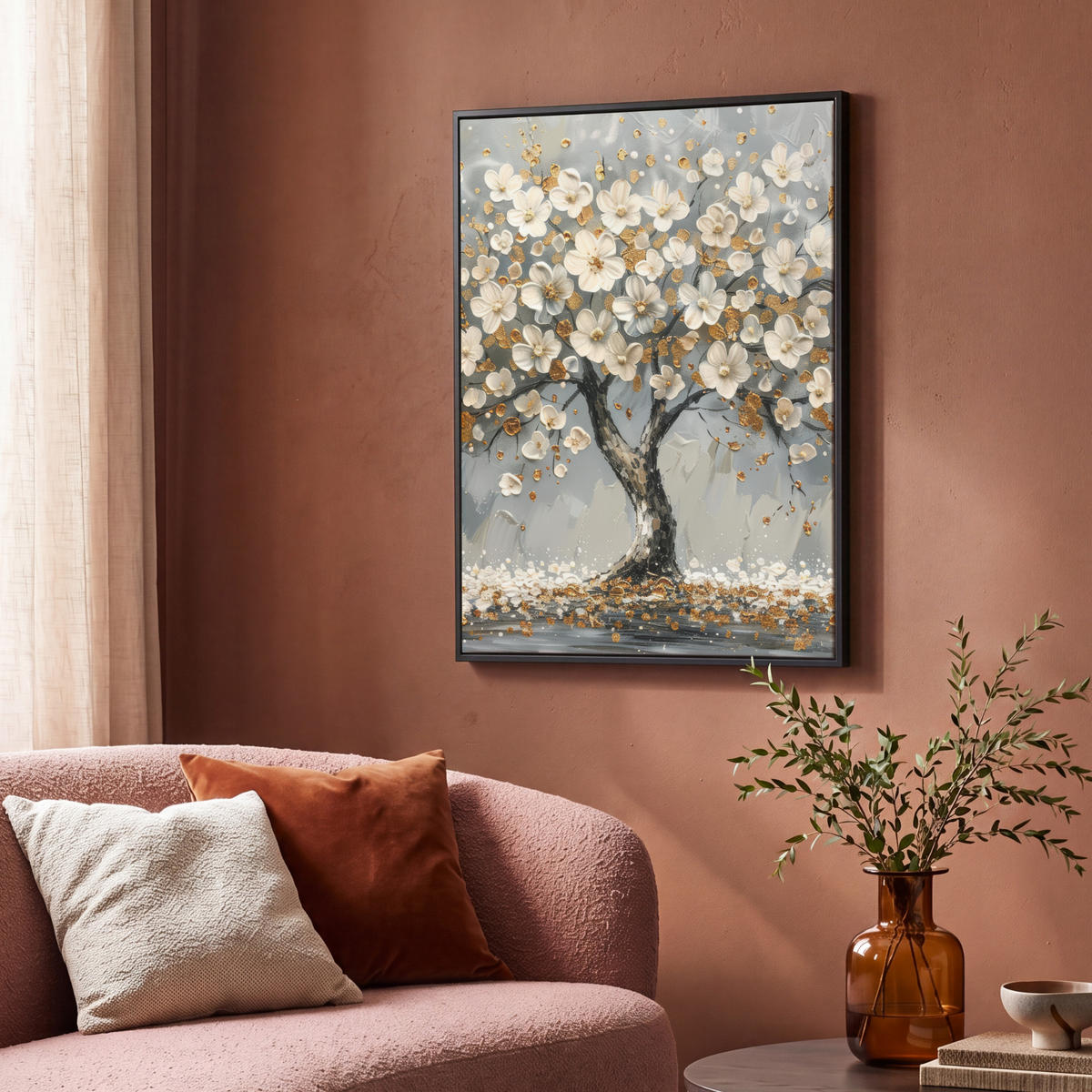 LEINWAND Bilder mit Rahmen - Baum - Blumen - Weiß - Natur - Kunst - 70x100 - Weiß, Textil (70/100cm) - MuchoWow