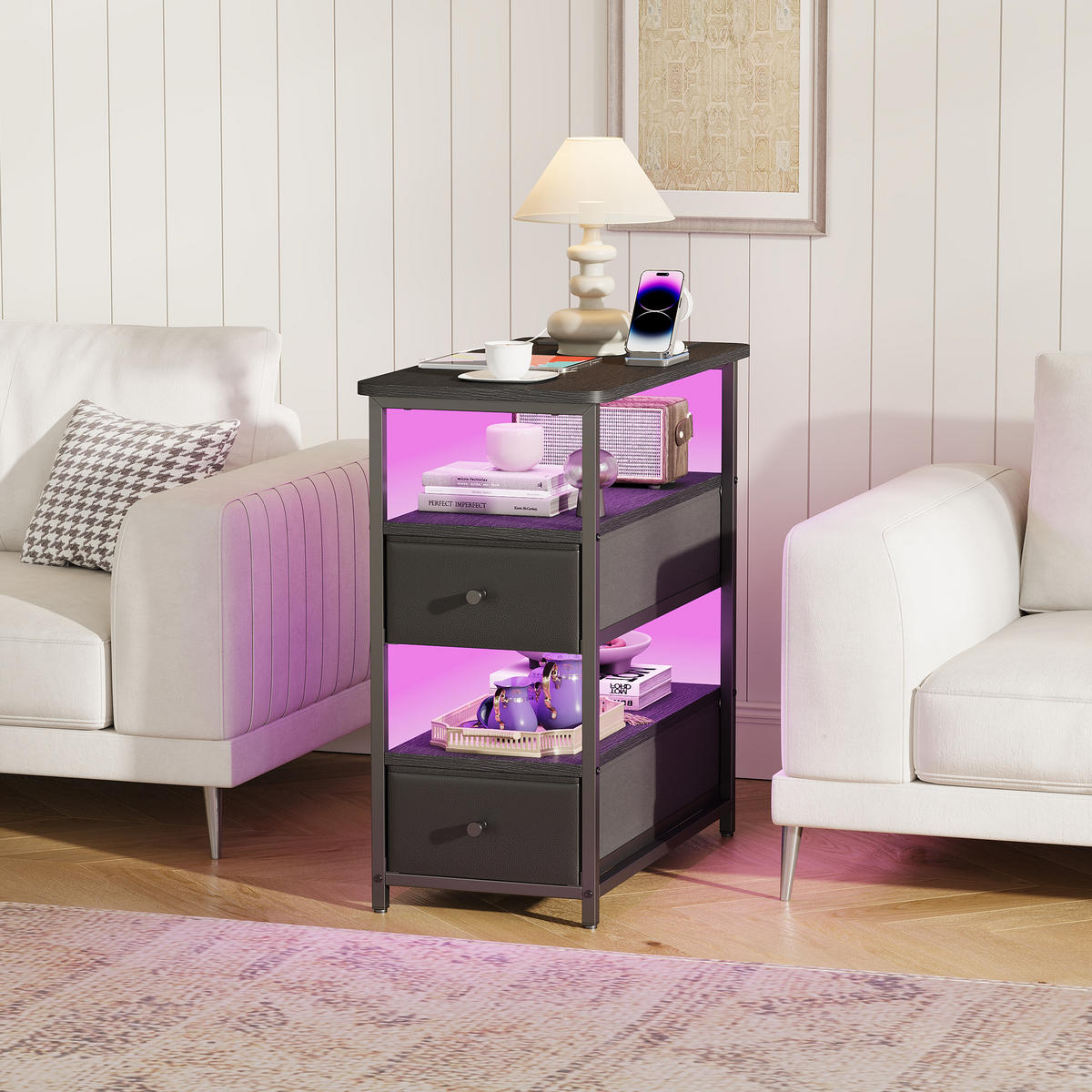 NACHTTISCH LED USB 2 Schubladen 2 Fächer schwarz - Schwarz, Holz (58/28/60.5cm) - LEBENLANG