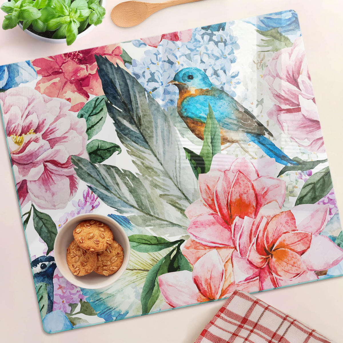 GLASPLATTE 60x52 cm Blumen und Vögel - Schwarz, Glas (60/0.4/52cm) - TULUP