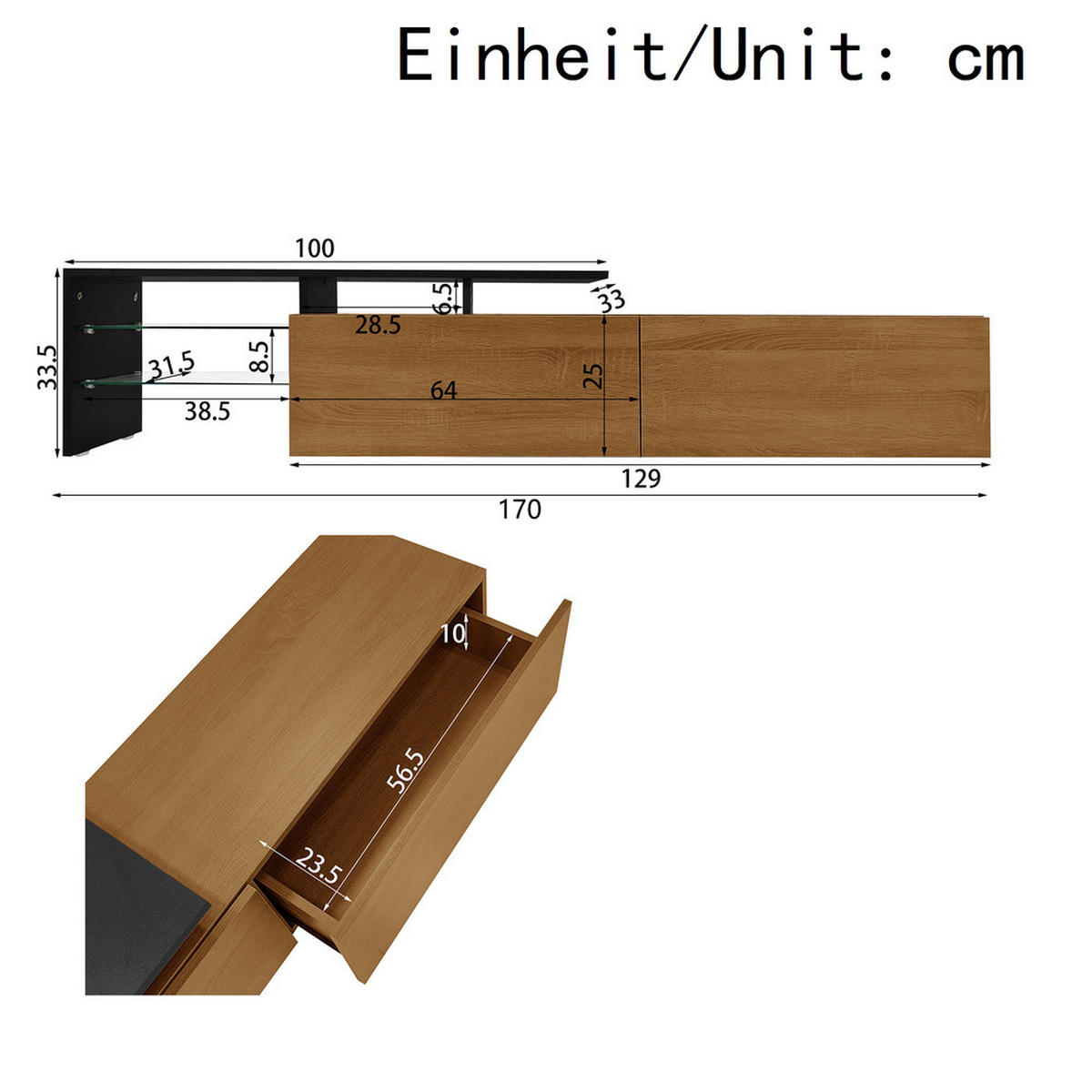TV-SCHRANK Modern Schwarz Holzoptik Glasböden LED-Beleuchtung - Schwarz, Holz (42.19/18.42/143cm) - FLIEKS
