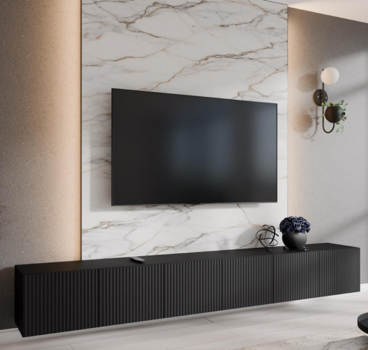TV-LOWBOARD Schwarz NOELI Geschlossen Geriffelt 300 cm - Schwarz, Holzwerkstoff (300/41/40cm) - Sepro Meble