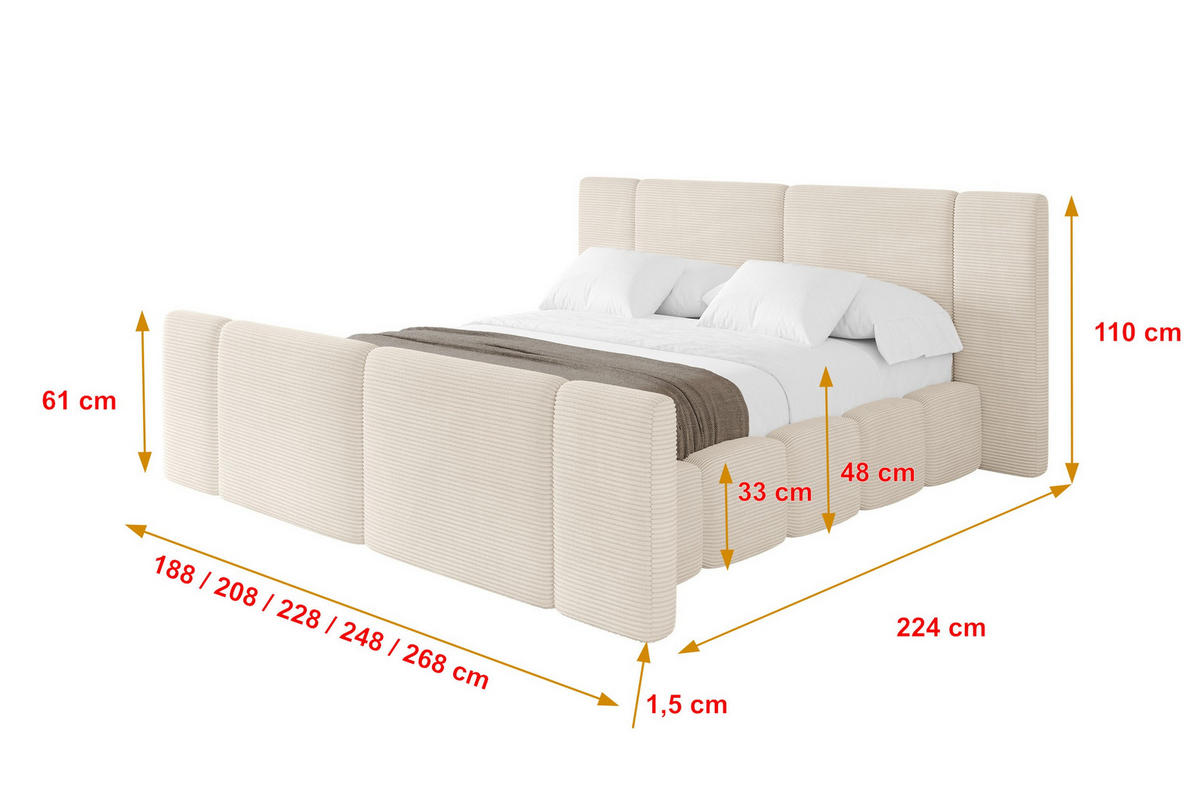 POLSTERBETT mit Bettkasten, Fußteil und Lattenrost, Bett mit Matratze H3/H4 - NILO-Z 200x200 Beige - Creme, Holzwerkstoff/Textil (200/200cm) - ALTDECOR