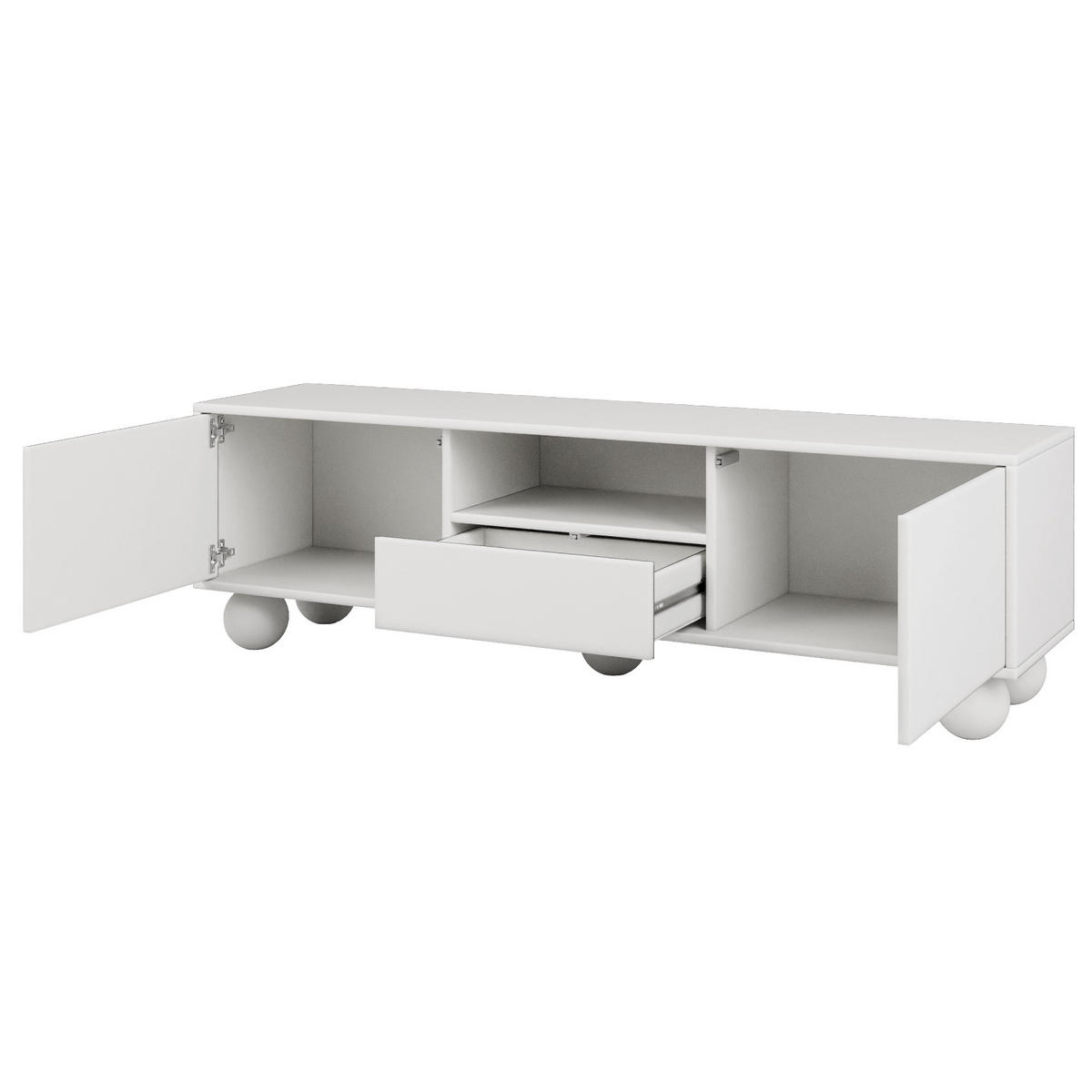 LOWBOARD Adel mit 2 Türen 1 Schublade und runden Füßen, 154 cm, Griffloss, Weiß - Weiß, Holzwerkstoff (154/46/38cm) - Beautysofa