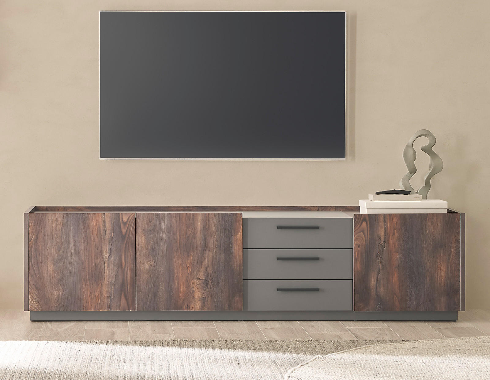 TV-LOWBOARD Thermo Eiche, grau, XL TV Unterteil mit Soft-Close 200 cm - Eichefarben/Schwarz, Holzwerkstoff/Kunststoff (200/50/45cm) - Furn.Design