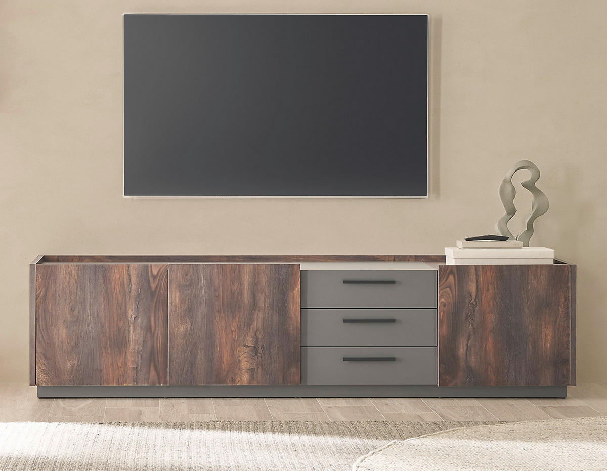 TV-LOWBOARD Thermo Eiche, grau, XL TV Unterteil mit Soft-Close 200 cm - Eichefarben/Schwarz, Holzwerkstoff/Kunststoff (200/50/45cm) - Furn.Design