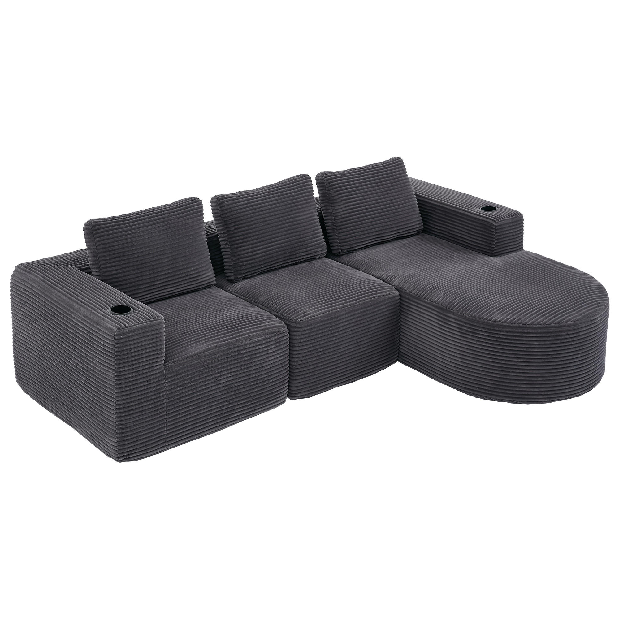 2-SITZER ECKSOFA Cord Dunkelgrau mit Kissen und Becherhalter - Dunkelgrau, Textil (265/176cm) - WISHDOR