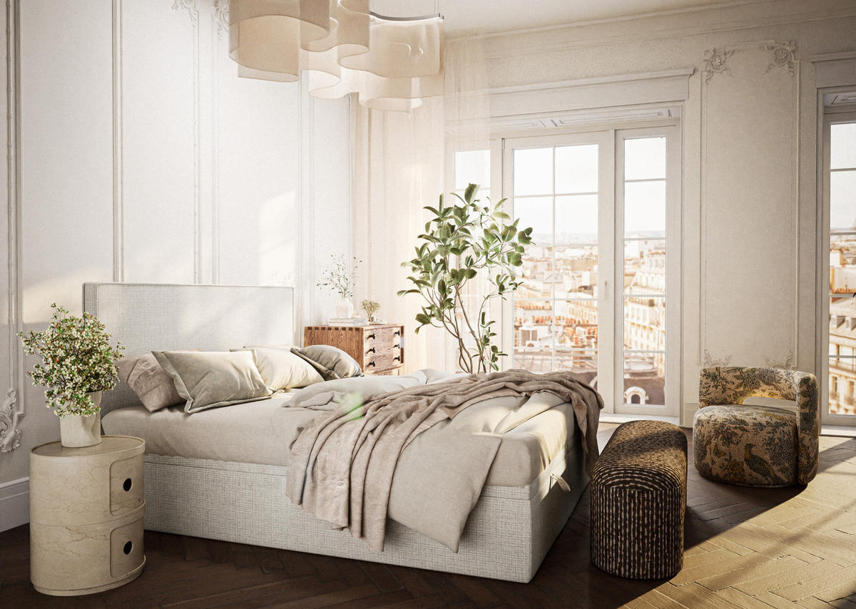 BOXBETT 180/200 cm Tegal, in Beige, Matratze, gepolstertes Kopfteil, Bettkasten, H3 = fest - Beige/Schwarz, Holz/Holzwerkstoff (180/200cm) - Maison de Reve