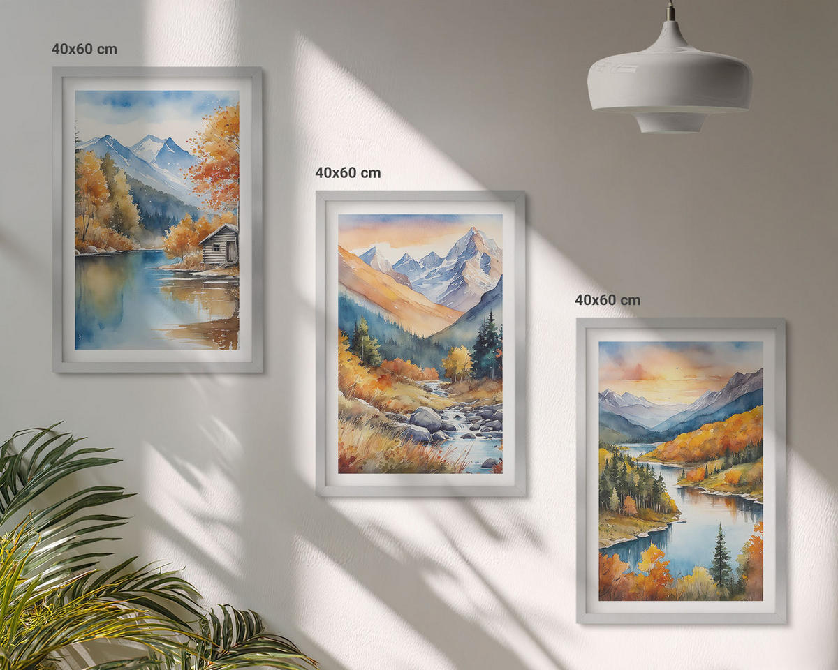 WANDBILDER 3er Set - 40x60 cm Silberner Rahmen - Berglandschaft, Fluss, Herbst - Silberfarben, Kunststoff (40/60cm) - ArtPrintCave