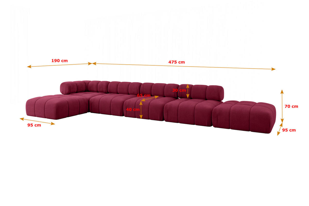ECKSOFA modulares Sofa Kerru-L3 - 475x190x70 cm Bordeauxrot Velours - Bordeaux, Holzwerkstoff/Textil (475/190cm) - ALTDECOR