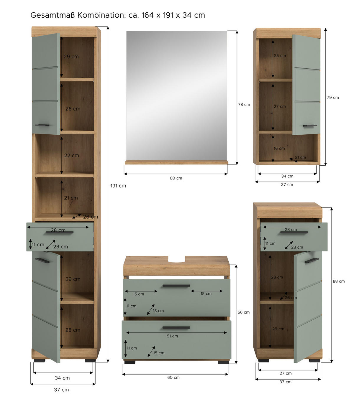 BADMÖBEL-SET Salbei grün, Eiche Artisan 5-teilig 164 cm, Komplettset mit viel Stauraum - Salbeigrün/Schwarz, Glas/Holzwerkstoff (164/191/37cm) - Inn.Furn