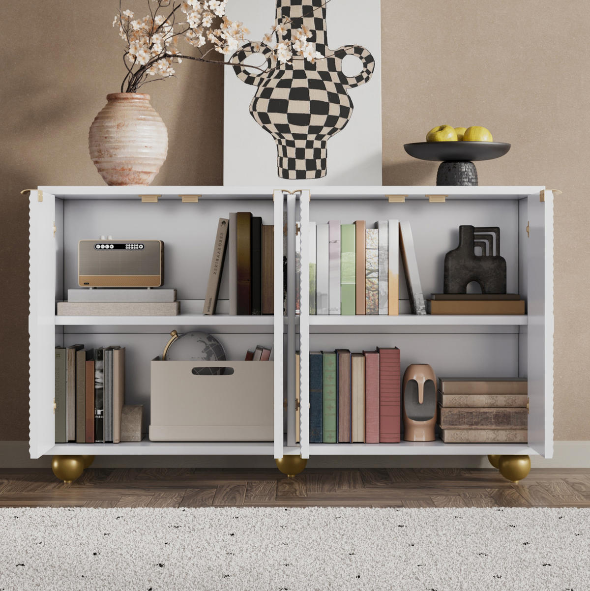 SIDEBOARD 120/35/71,5 cm in Weiß mit 4 Türen und gravierten Fronten - Weiß, Holzwerkstoff (120/71.5/35cm) - BEAOK
