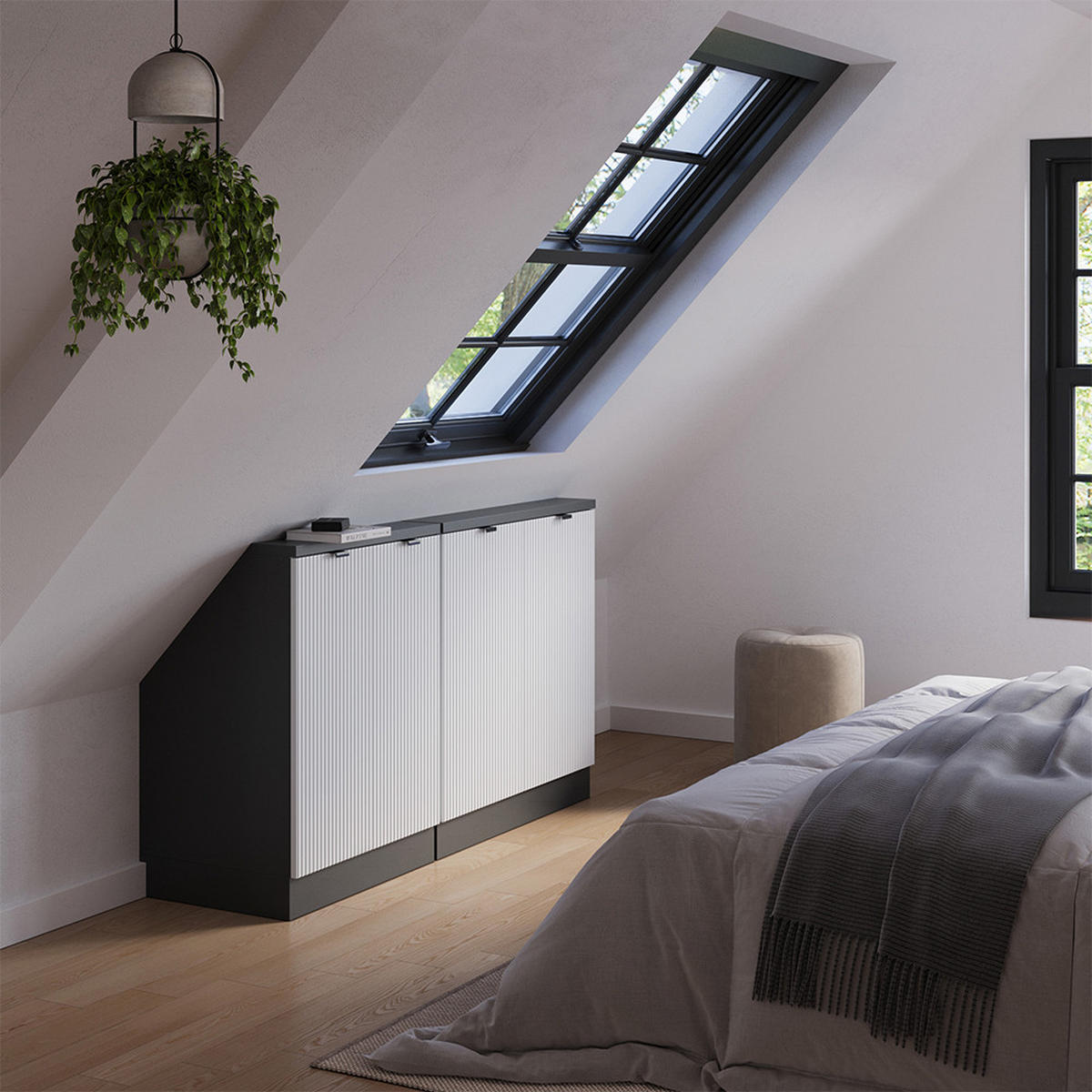 DACHSCHRÄGENSCHRANK-SET Rion Weiß Riffel 140 cm 2er Set - Weiß, Holzwerkstoff (140/81.6/46cm) - Vicco