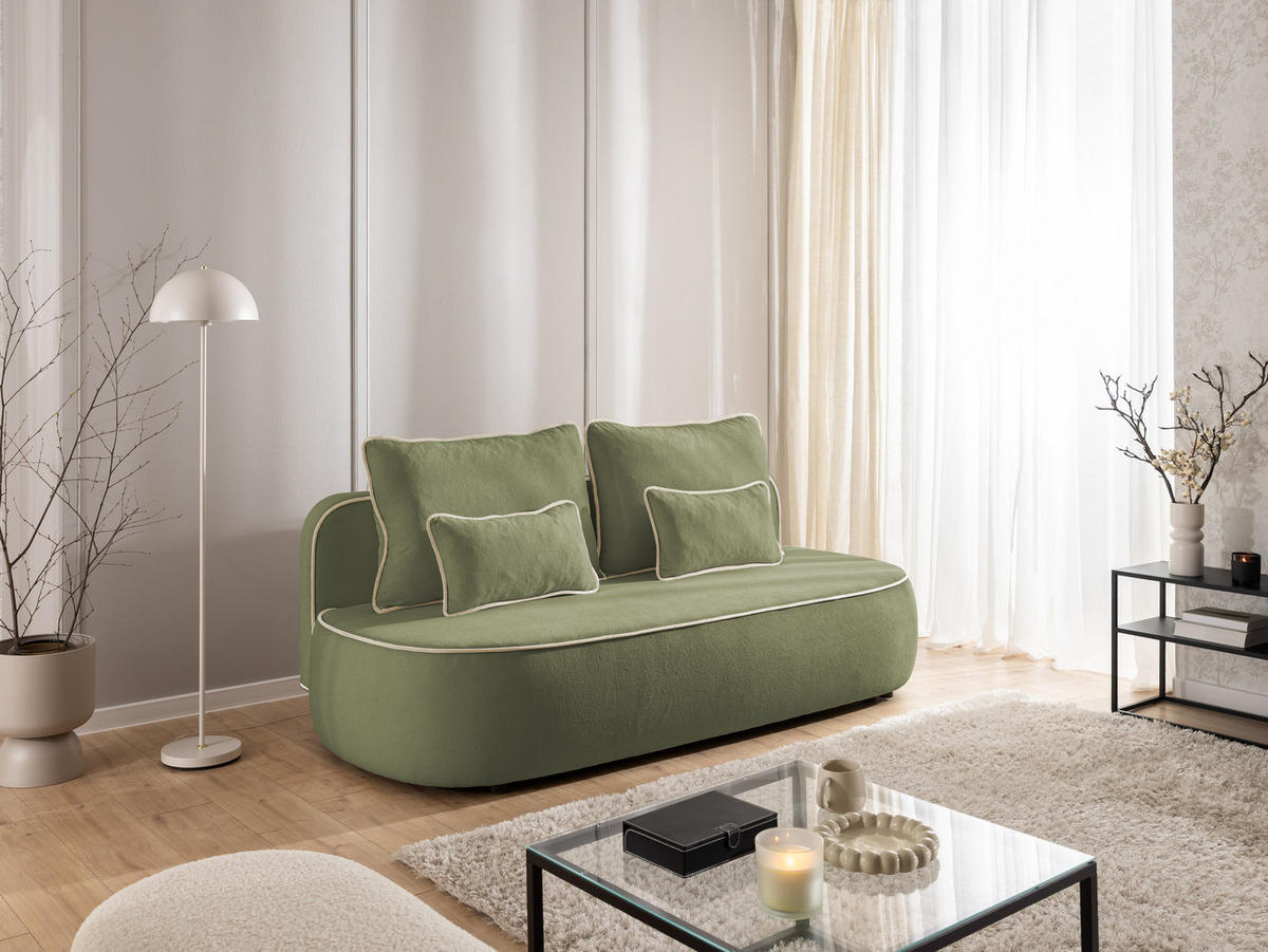 SCHLAFSOFA Vero im modernen und abgerundeten Design mit Bettkasten aus Olivgrün Plüschstoff mit beiger Paspel - Schwarz/Olivgrün, Holz/Kunststoff (210/90/98cm) - S-Style Möbel