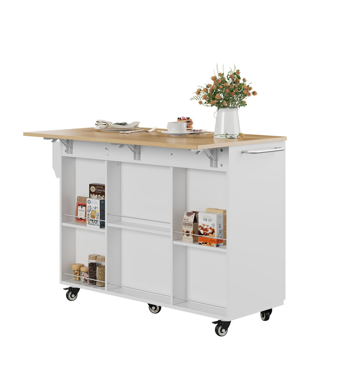 KÜCHENWAGEN mit klappbarer Arbeitsplatte, Schublade und Schränken, White+Natural - Weiß, Holz (67.5/92.8/136.5cm) - Beauniv