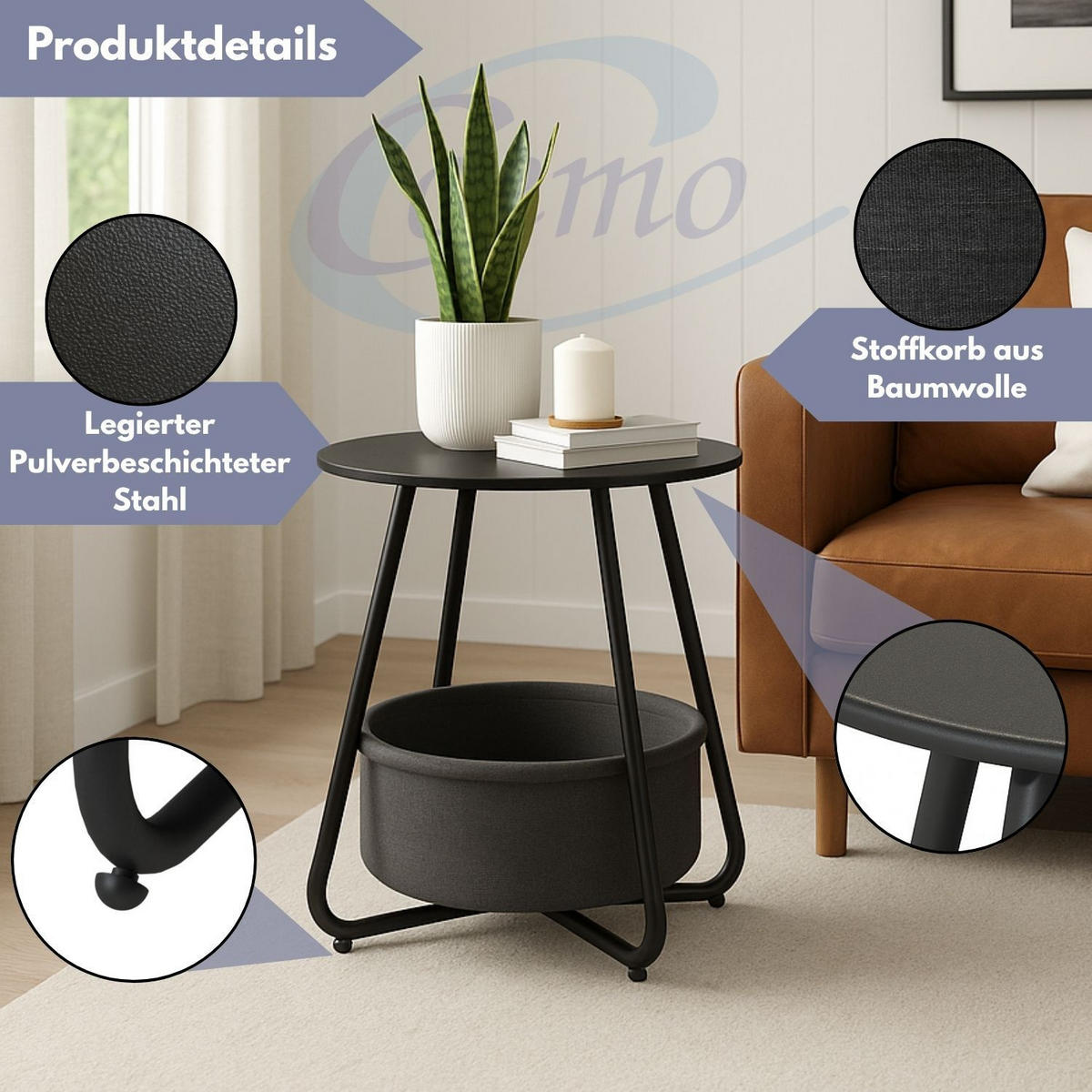 COUCHTISCH KOSI Metall mit Aufbewahrungskorb Canvas Schwarz - Schwarz, Metall (50/50/45cm) - Coemo