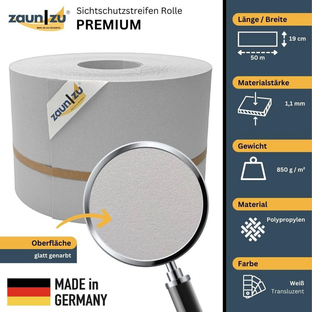 SICHTSCHUTZSTREIFEN Premium für Doppelstabmatten Zaunblende Weiß, 50m - Weiß, Kunststoff (5000/19cm) - ZAUN|ZU