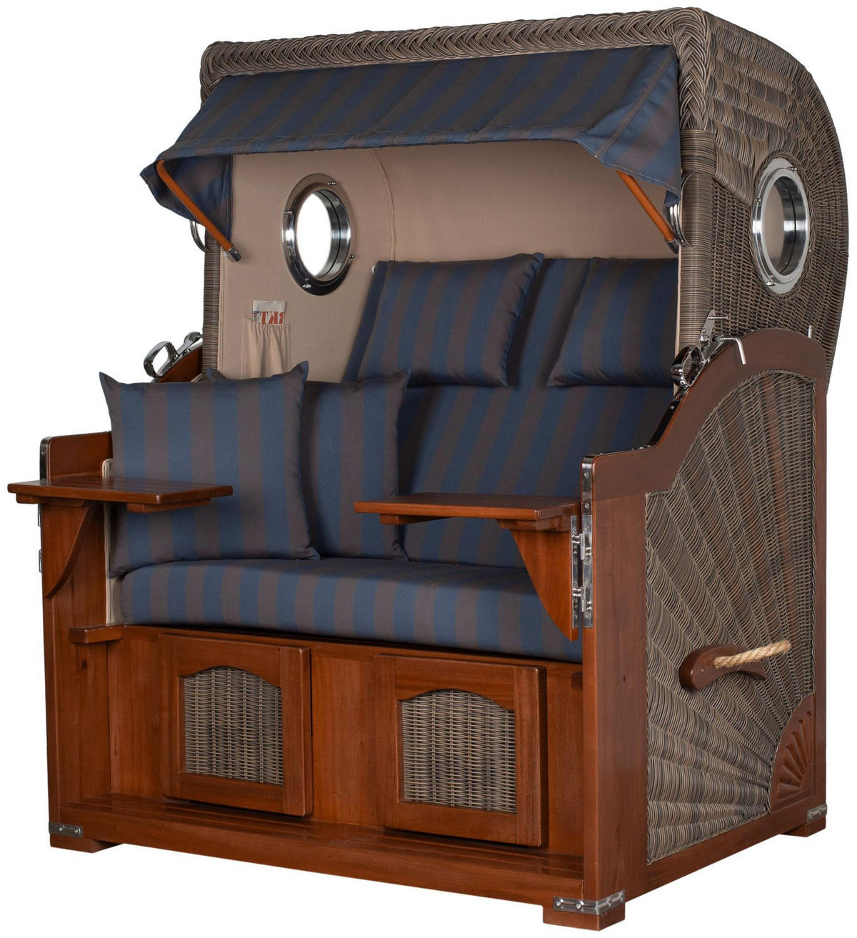 STRANDKORB Komplettset: Ammersee Mahagoni Bullauge - PE grau - Modell 582 - Blau/Braun, Holz/Kunststoff (125/165/80cm) - bene living