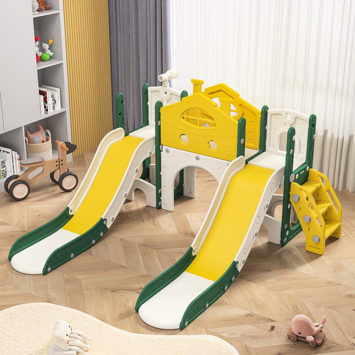 KLETTERGERÜST Indoor & Outdoor 7-in-1 – Gelb/Grün, Kinderrutsche mit Doppelrutsche & Piratenschiff-Design, Spielturm mit Kletterwand & Teleskop - Gelb, Kunststoff (203/95.5/166cm) - BursDany