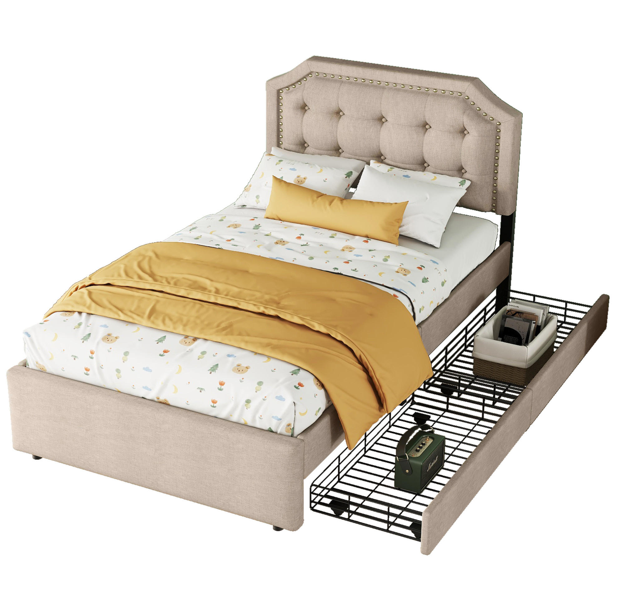 POLSTERBETT 90/200 cm in Dunkelbeige mit 2 Schubladen und verstellbarem Kopfteil - Beige, Textil (90/200cm) - Flora Grace