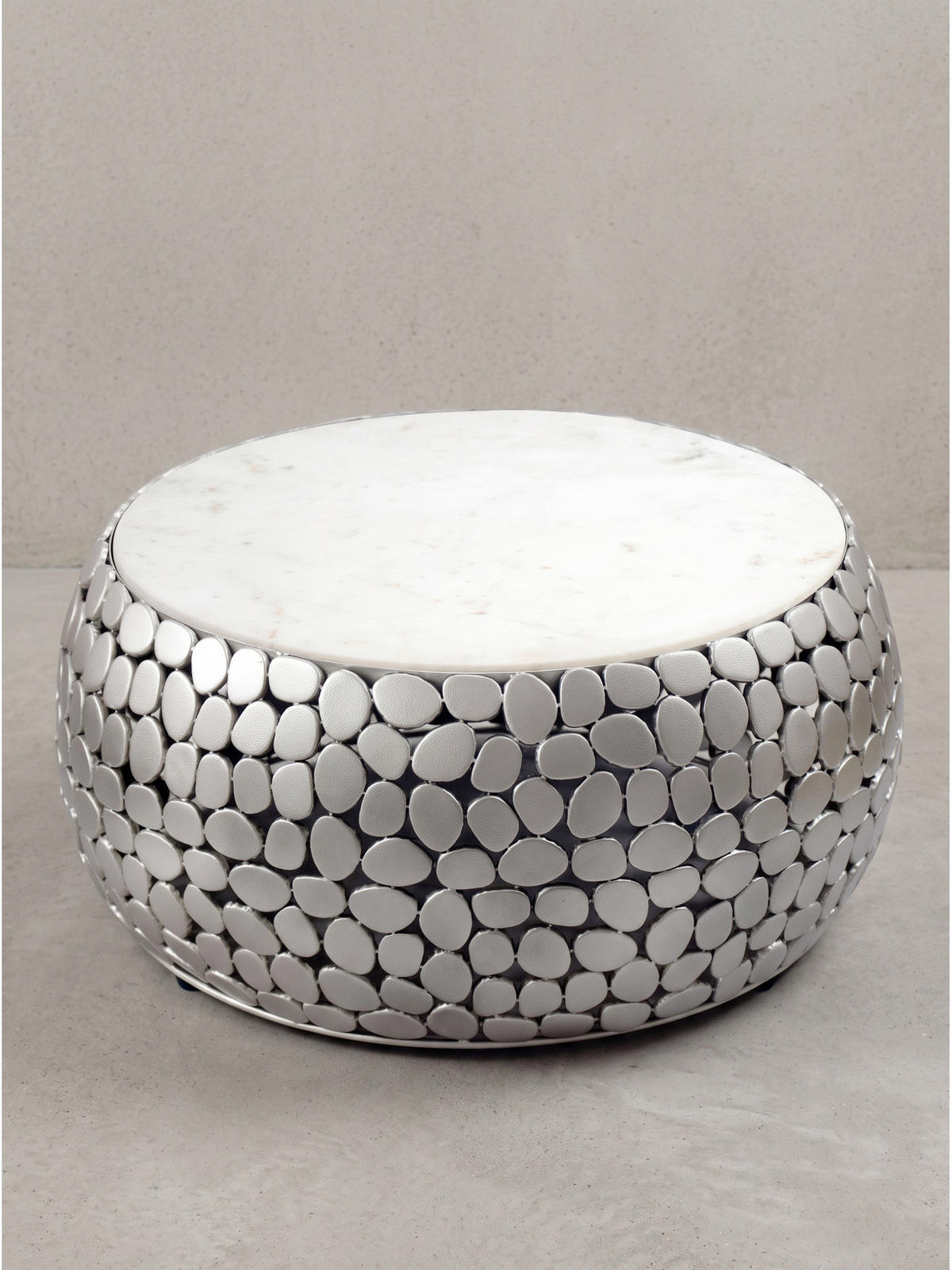 COUCHTISCH DIEMEL, Marmor, handgefertigt, Silber-Weiß, Ø 66 x 32 cm - Silberfarben, Stein/Metall (66/66/32cm) - KADIMA DESIGN