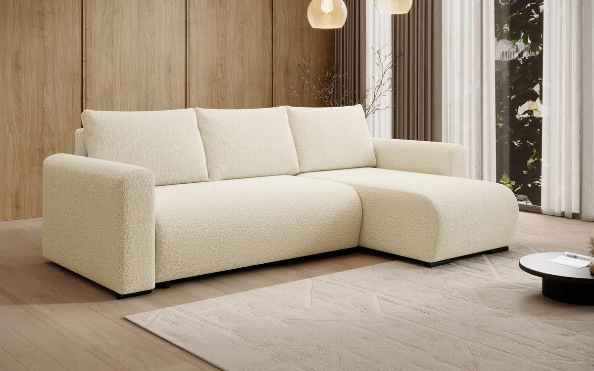 ECKSOFA DORA L, Eckcouch in L-Form mit Schlaffunktion und Bettkasten, Farbe: Beige, Bouclé-Stoff, Ottomane Rechts - Beige, Textil (240/143cm) - Storez24