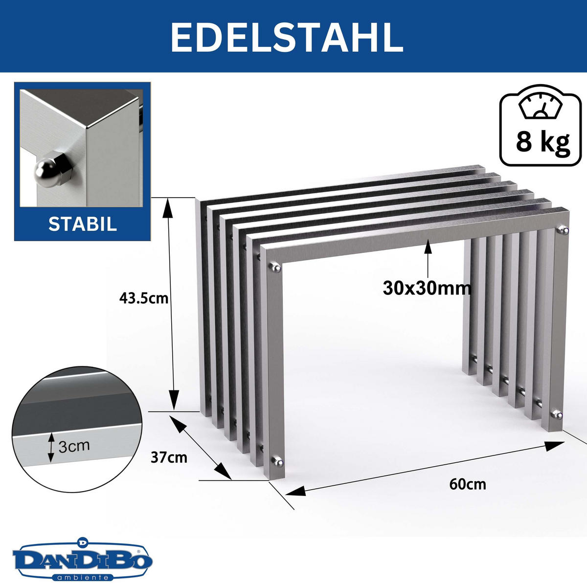 SITZHOCKER Edelstahl Modern 60 cm Sitzbank - Silberfarben, Metall (60/43.5/37cm) - DanDiBo