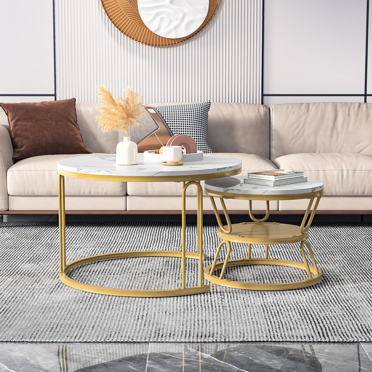 COUCHTISCH 2er Set rund schiebbar Marmoroptik Metall gold weiß - Weiß, Holz (45/70/44.2cm) - LEBENLANG