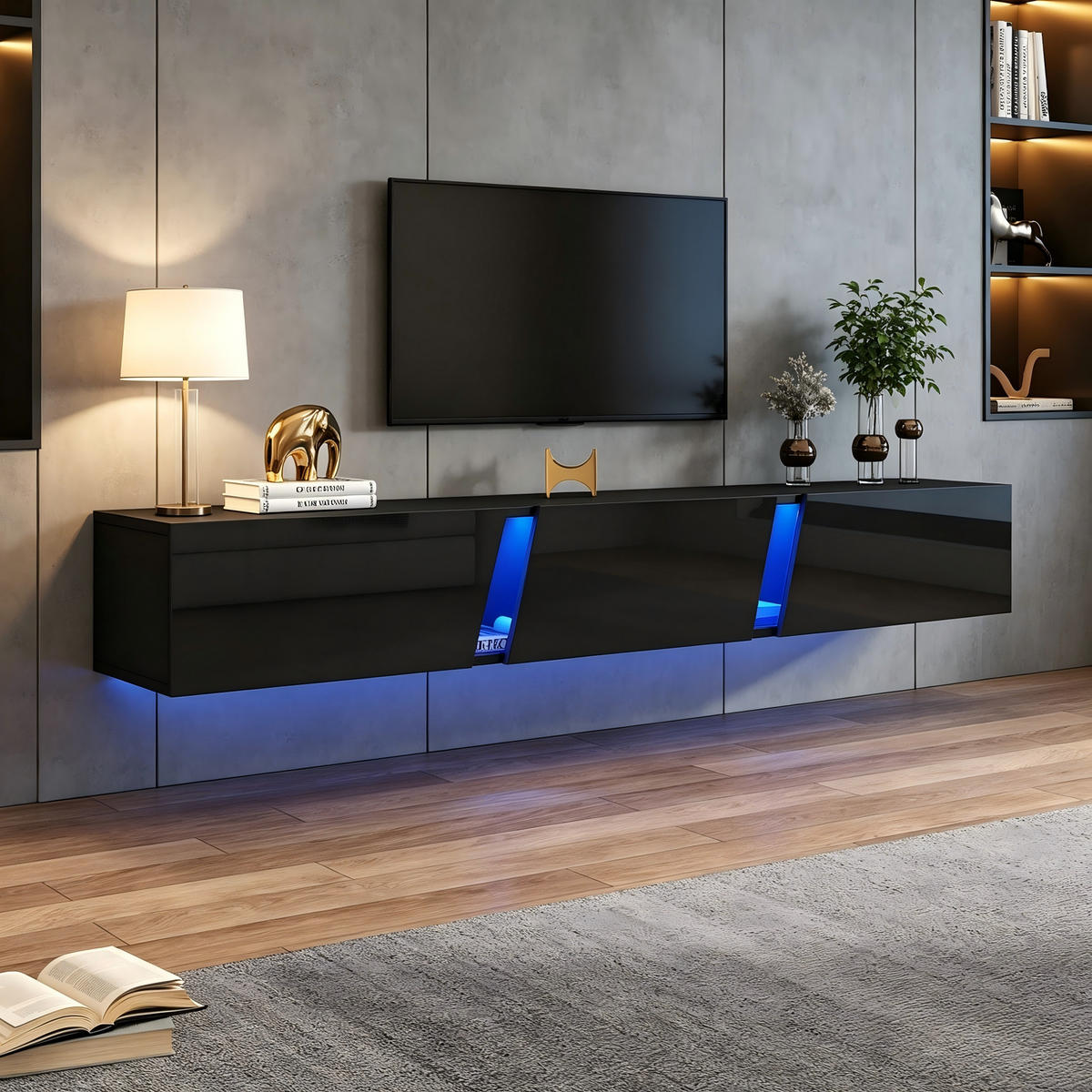 TV-ELEMENT 180/35/30 cm Hängend Hochglanz Schwarz mit LED-Beleuchtung und 3 Türen - Schwarz, Holzwerkstoff (35/30/180cm) - Korfee