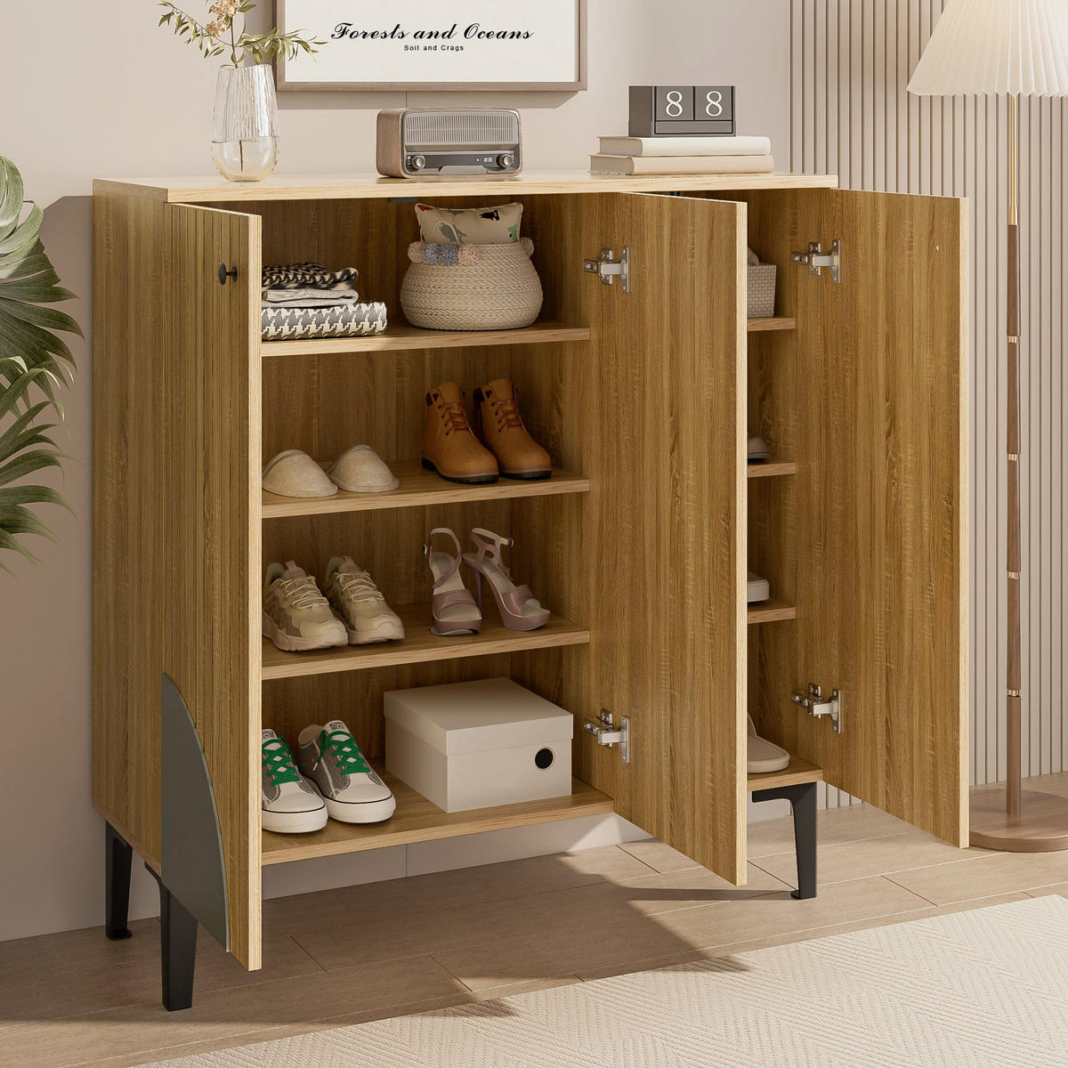 SCHUHSCHRANK in Holzoptik mit 3 Türen, Beige - Naturfarben, Holzwerkstoff (90/94/32cm) - Urban Meuble